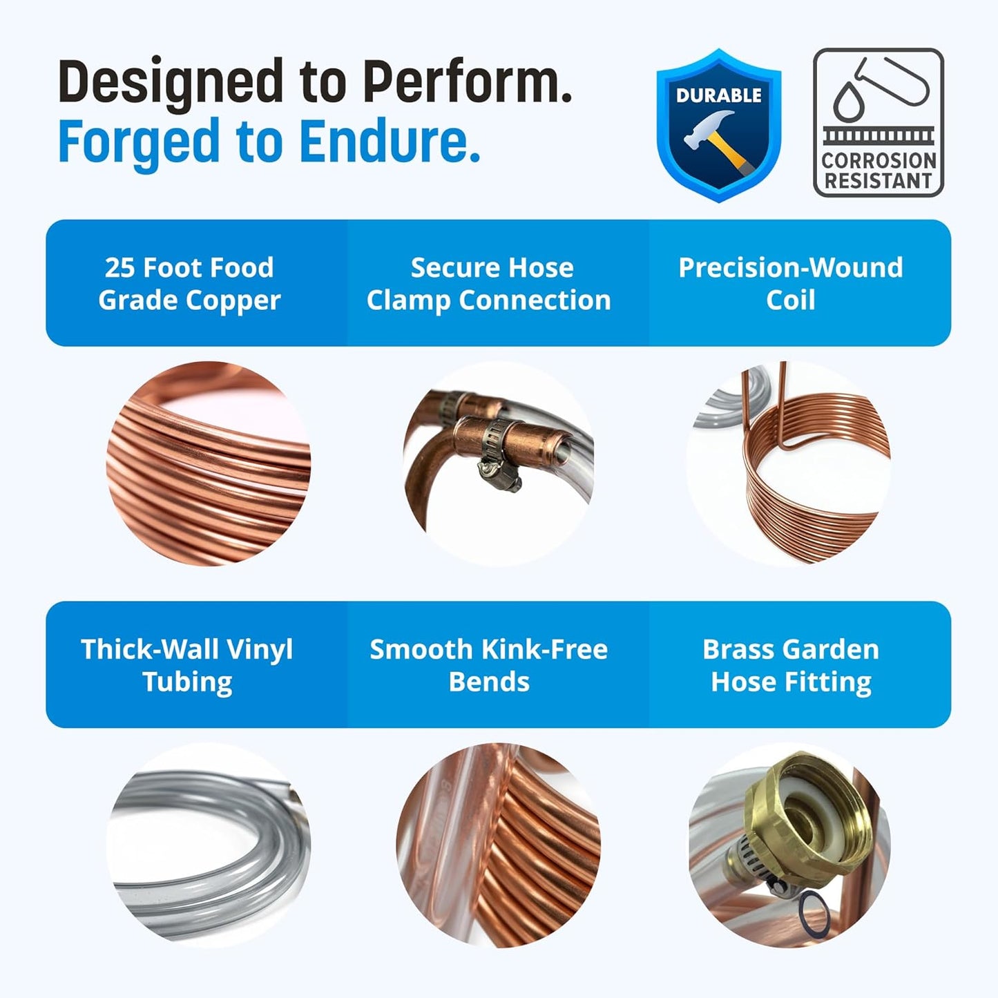 Coldbreak 12.5Ft. Wort Chiller with Copper Coil - Compact and Basic Immersion Beverage Chiller and Beer Brewing Equipment - 2pcs of 4Ft. Vinyl Tubing, Garden Hose Fitting, and Hose Clamps Included