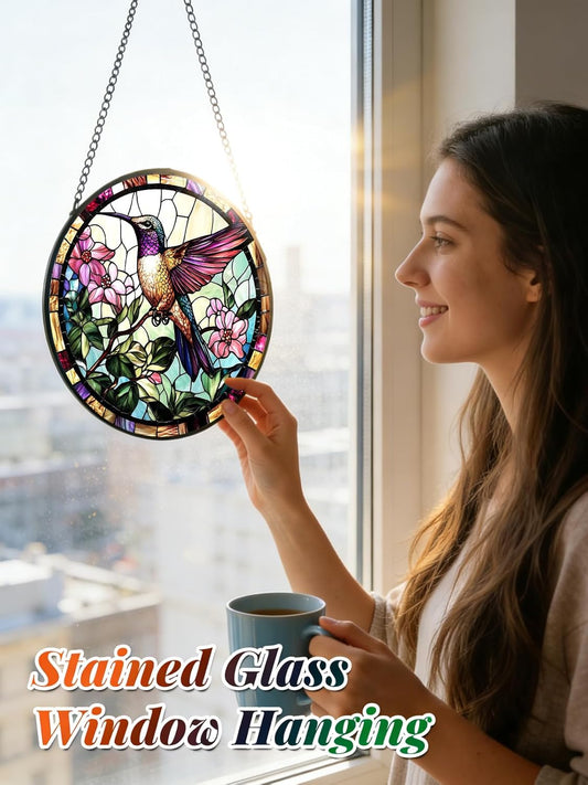 Stained Glass Window Hanging, Hummingbird Suncatcher for Door Home Decor, Birds Flowers Sun Catcher Ornament Mother's Day Birthday Gifts for Bird Lovers Women Men Mom 6.3 in