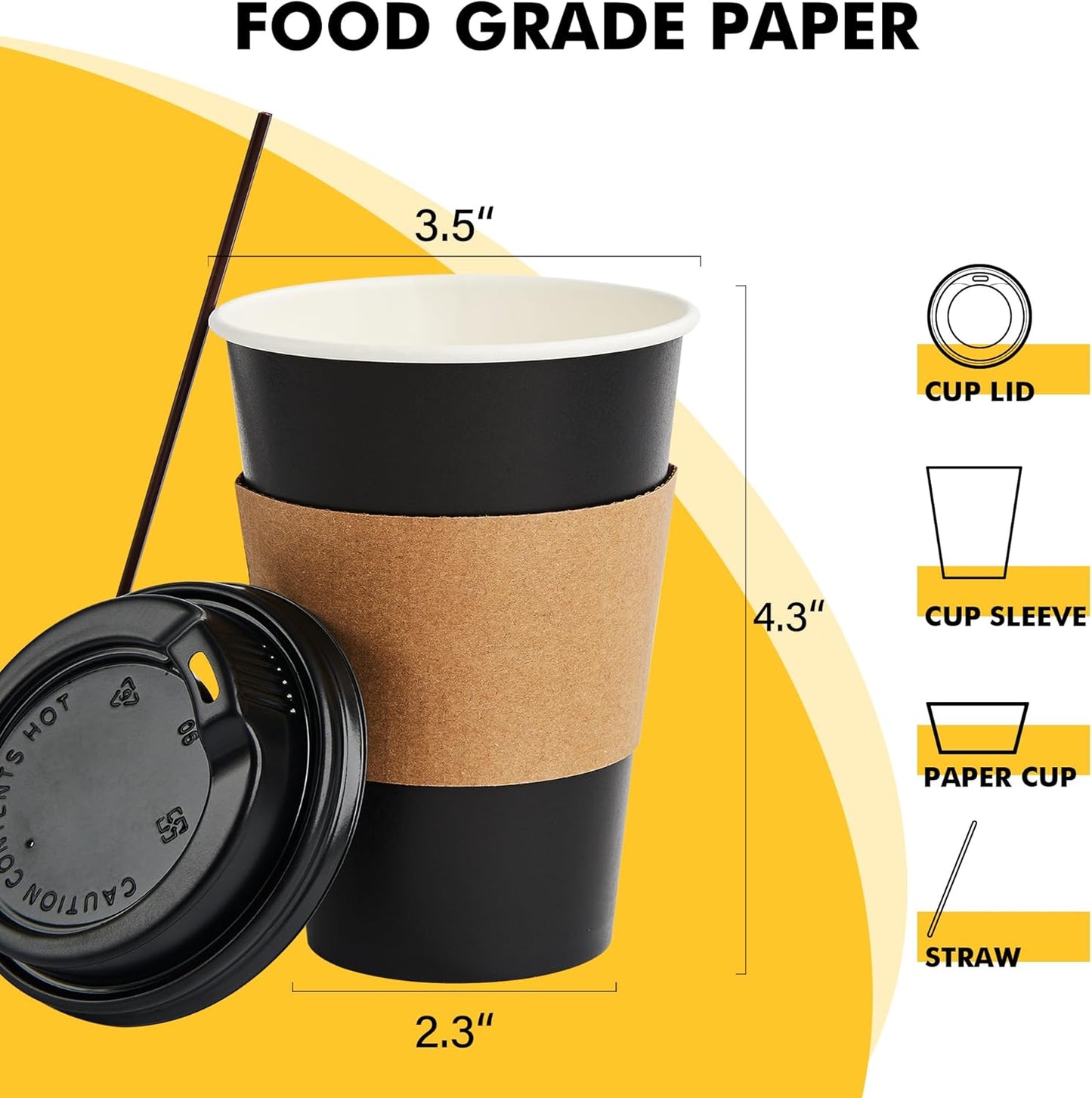 RACETOP 12 oz Paper Coffee Cups,100 Pack Black Disposable Coffee Cups with Lids, Sleeves and Stirring Sticks, 12 oz Hot Coffee Cup for Hot Drinks, Parties, Picnic, Travel, and Events