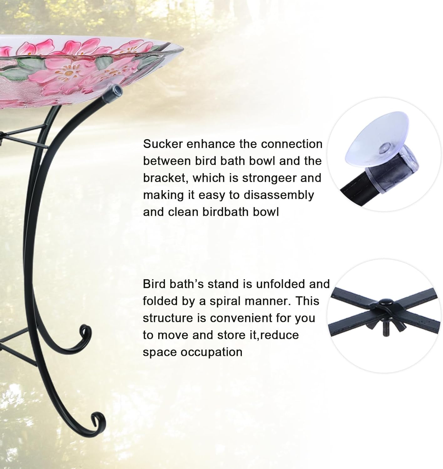 MUMTOP Outdoor Glass Birdbath with Metal Stand for Outside Lawn Yard G