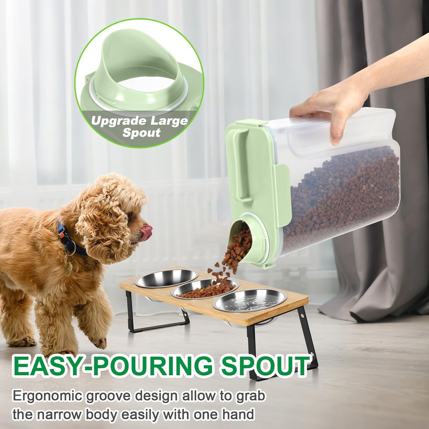 TBMax Travel Dog Food Storage Container 5 lbs with Dog Bowl, Airtight Pet Cat Food Storage Dispenser with Large Spout & Measuring Cup for Kibble Dog Treat Bird Seed Container -Light Green