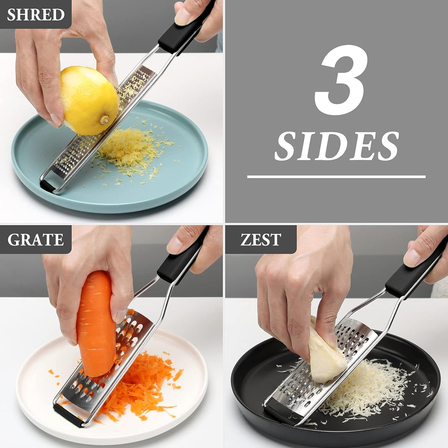 Cambom Lemon Zester Grater Three-piece Suit - Heavy Duty Kitchen Tool for Parmesan Cheese, Ginger, Garlic, Nutmeg, Chocolate, Vegetables，Fruits，Stainless Steel Grater Dishwasher Safe Black