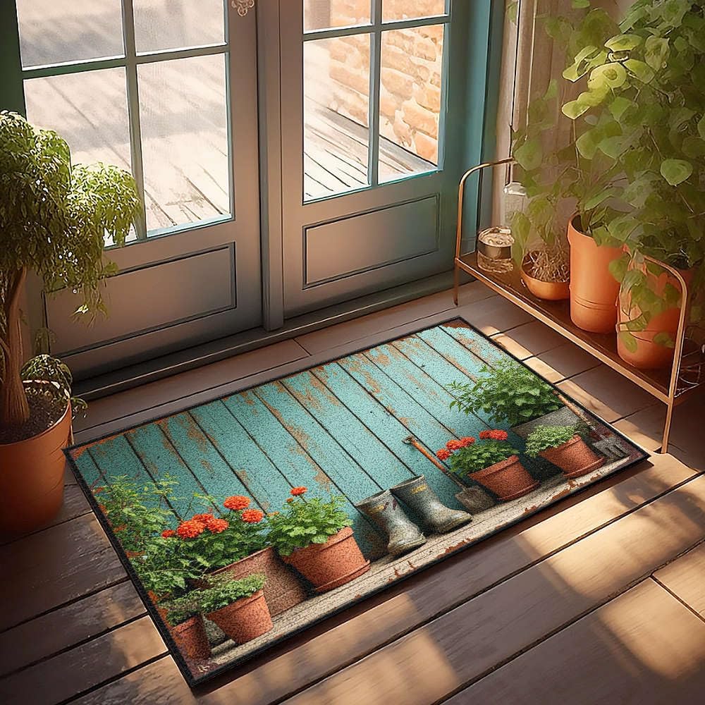 Door Mat Outdoor Entrance Funny Garden Boots, Pots, Plants, and Tools 
