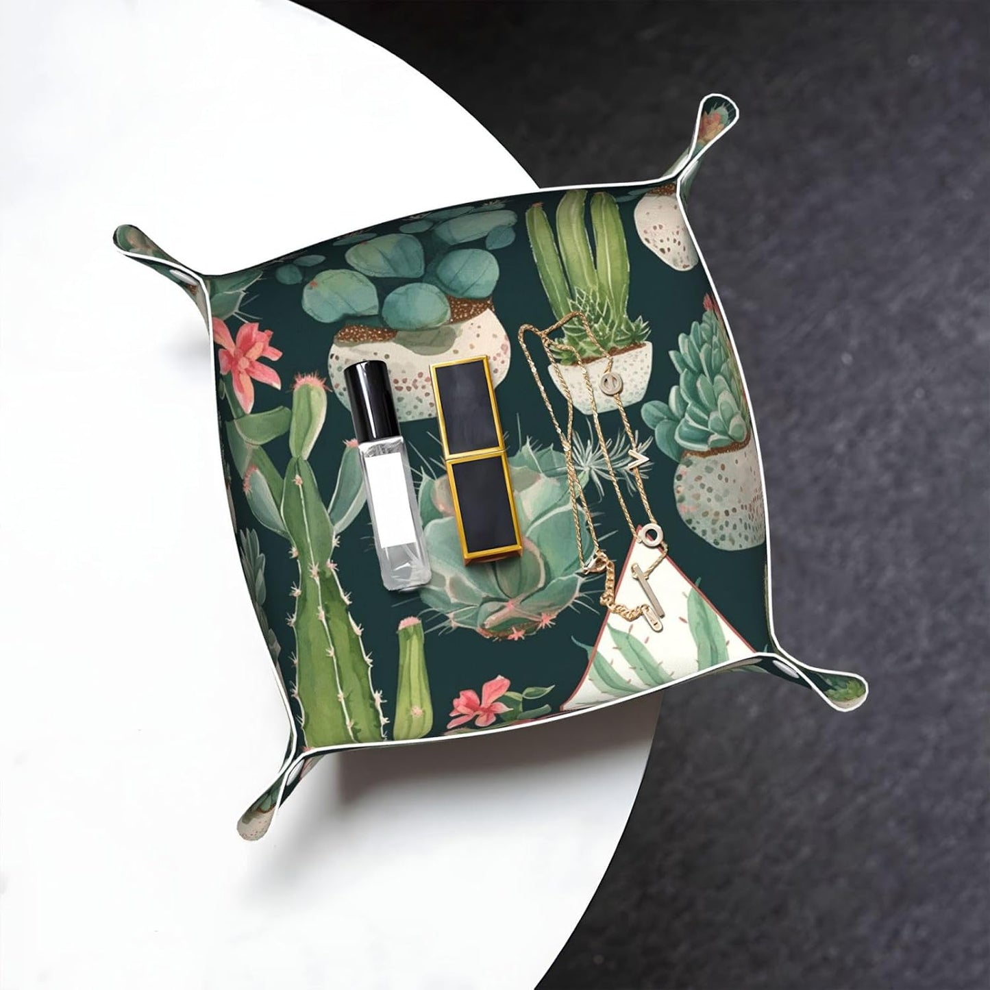 PU Leather Jewelry Valet Tray for Men Women, Elegant Desktop Storage Organizer, Portable Travel Storage Dish Plate Succulent Plants and Cactus Nightstand Storage Box for Key Phone Wallet Medium