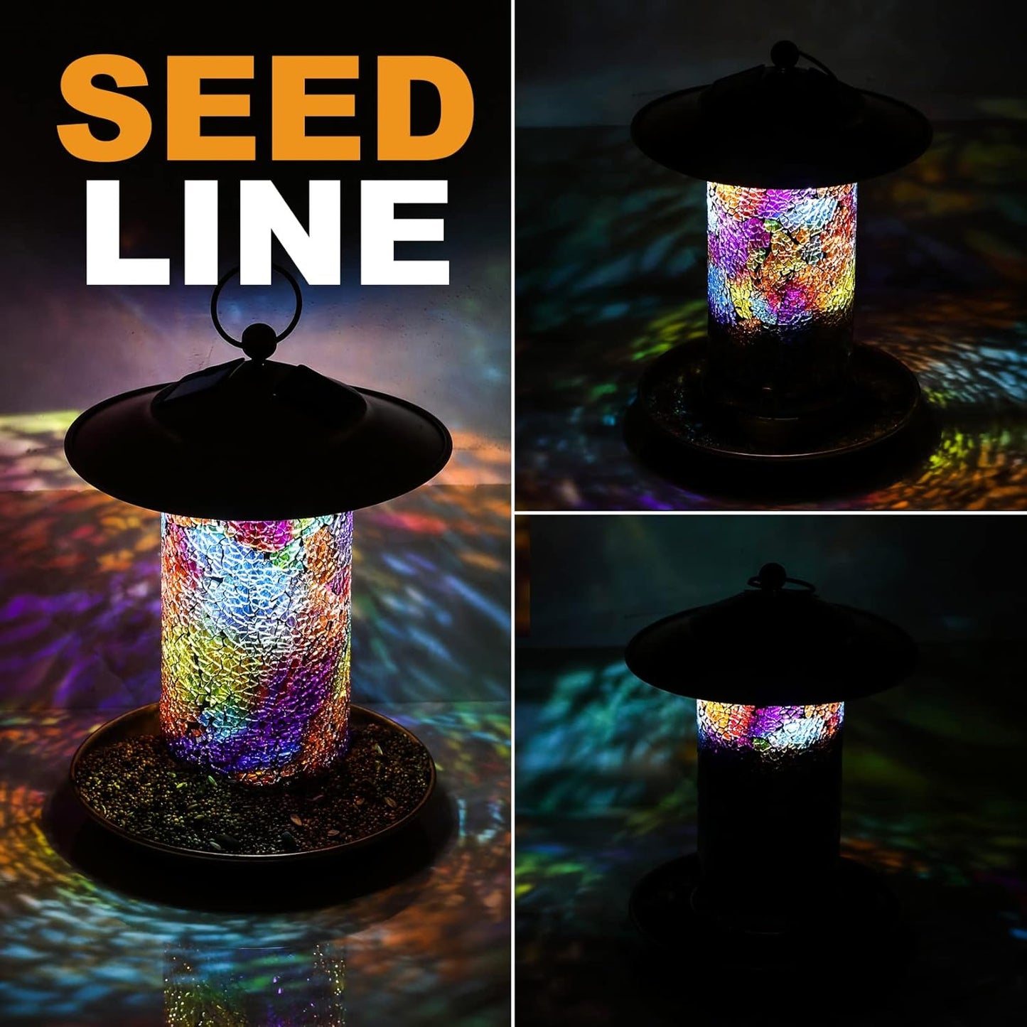 Solar Bird Feeder for Outdoor Hanging - Small Bird Seedes Feeder with Mosaic Stained Glass for Cardinals and Finches - Garden Decor Gift for Parents and Lover (1.5lbs Capacity, Sunset)