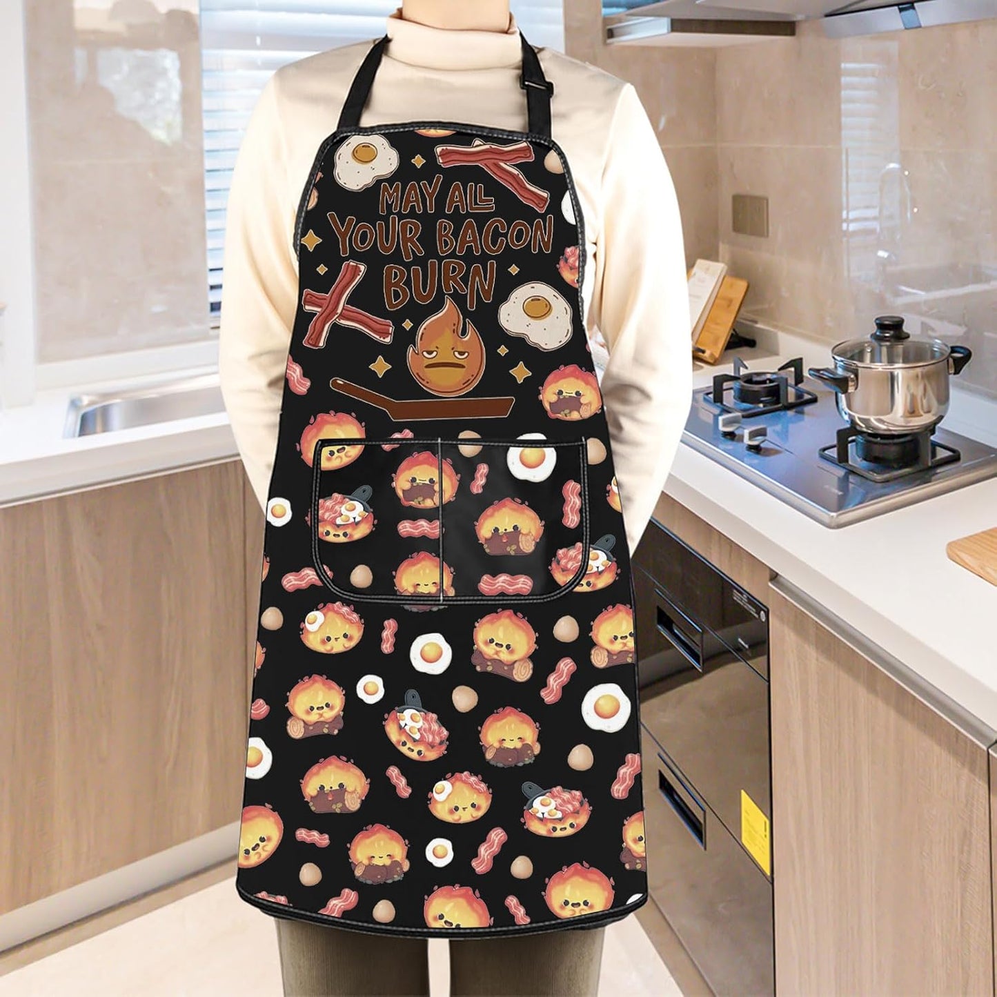 WCGXKO May All Your Bacon Burn Kitchen Apron Japanese Anime Inspired Gift BBQ Grilling Party Gift