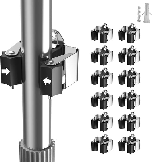 Broom Holder Wall Mount, 12 Pack Single Metal Mop Clips & Gripper, Wall Mounted Hanger with Star-Shaped Rollers and Nickel Plated Brackets for Garden Tools Storage
