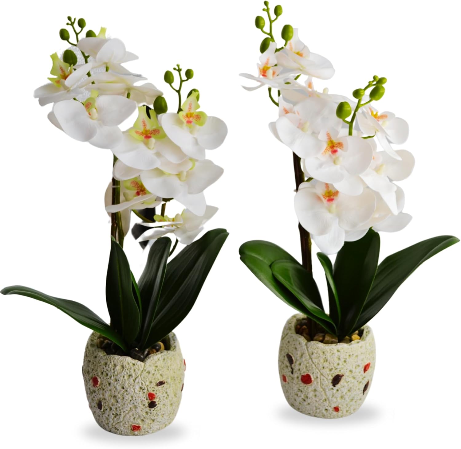 Artificial Orchid Plants with Pots, White Phalaenopsis, Set of 2, Deco