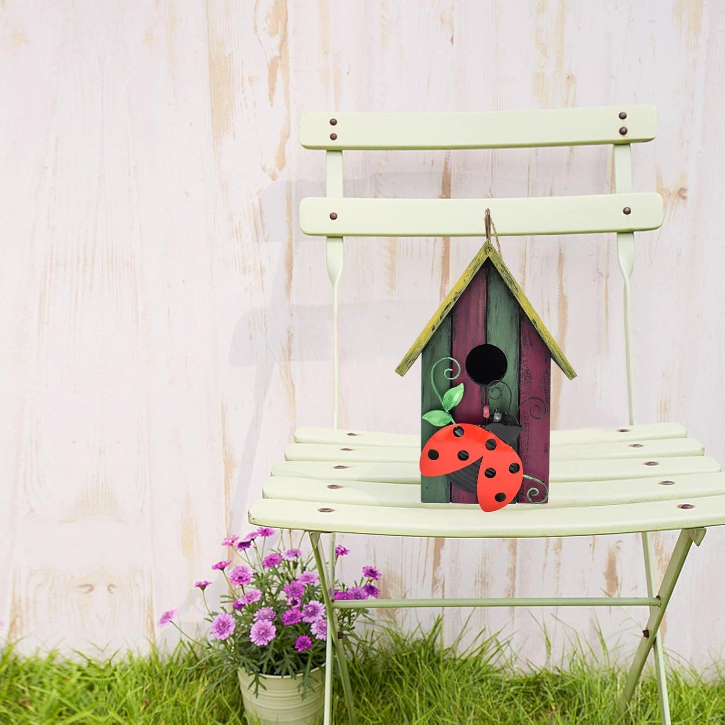 Wooden Decorative Birdhouse Hanging Bird House Hand Painted Birds Box Outdoor Garden Decor Bird Feeder for Finch Hummingbird Cardinals Bluebirds Sparrows Chickadees (Ladybug)