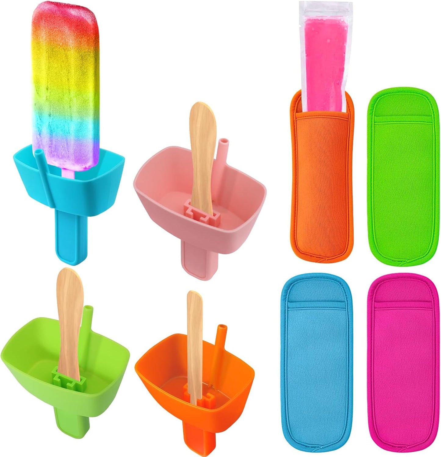 AIERSA 8pcs Popsicle Holders and Ice Pop Sleeves Set for kids No Drip, Silicone Popsicle Holder with Straw and Reusable Neopreneee Freeze Popsicle Sleeves for Toddlers Mess Free, No Freezing Hands