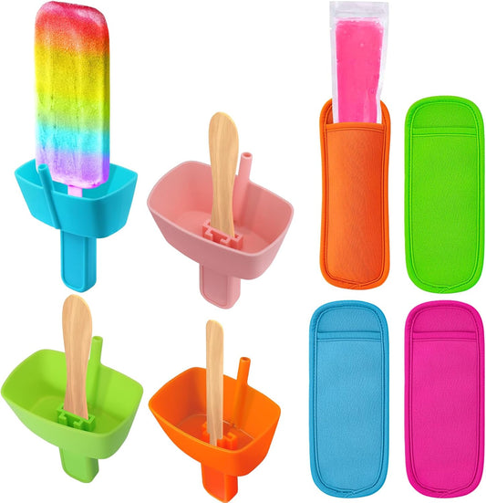 AIERSA 8pcs Popsicle Holders and Ice Pop Sleeves Set for kids No Drip, Silicone Popsicle Holder with Straw and Reusable Neopreneee Freeze Popsicle Sleeves for Toddlers Mess Free, No Freezing Hands