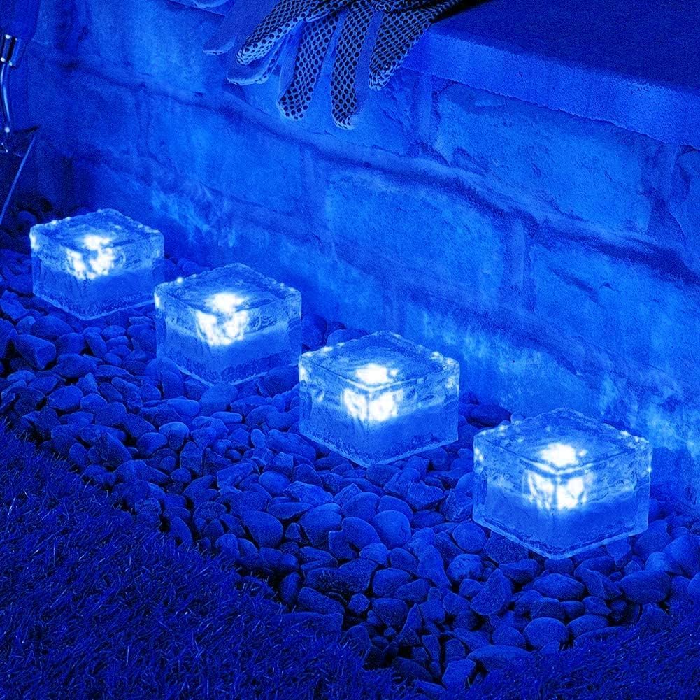 Solar Ice Glass Light,2 Packs Solar Powered Garden Lights, Waterproof IP68 Outdoor Table & Path Lights, Decorative Ice Cube for Yard (Blue)