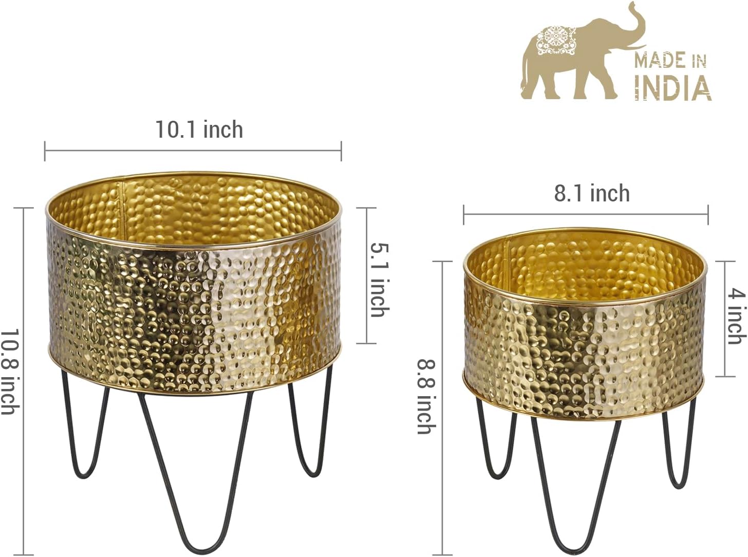 MyGift Modern Brass Tone Metal Planter Pots with Pebbled Texture, Hamm