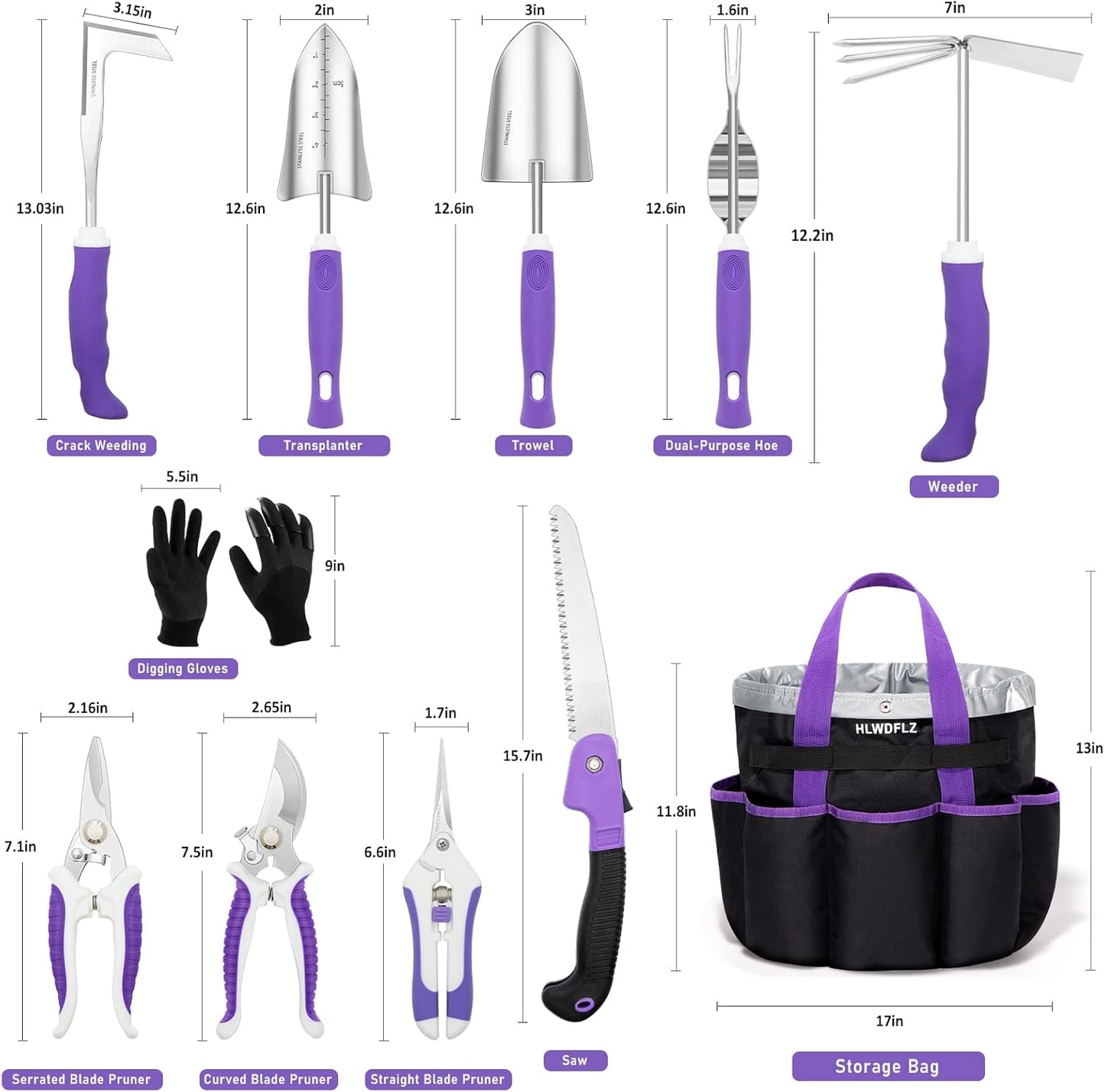 Purple Garden Tool Set Gardening Items for Women - 11PCS Heavy Duty Ga