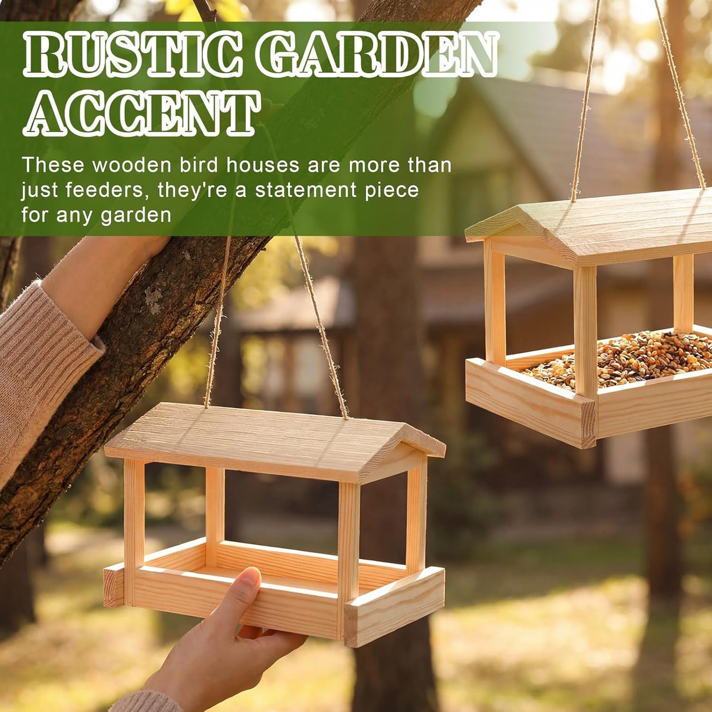 2 Pcs Wooden Bird Feeder for Outdoor Hanging, Platform Bird House, Rustic Garden Yard Decorations for Wild Birds, Cardinals, Finches, Bluebirds, Include Sloped Roof and Sturdy Rope