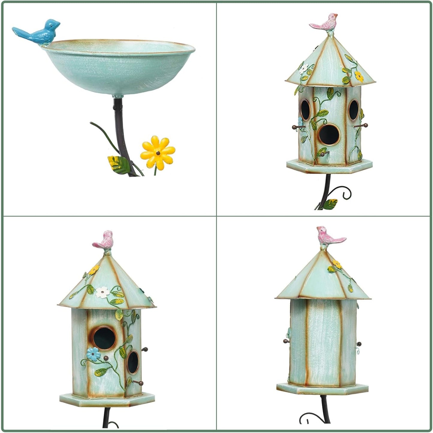 56" H Bird Baths and Bird Houses with Pole,Metal Bird Bath Bowl,birdhouses for Outdoors,Bird Bath with Stake,Garden Yard Decor