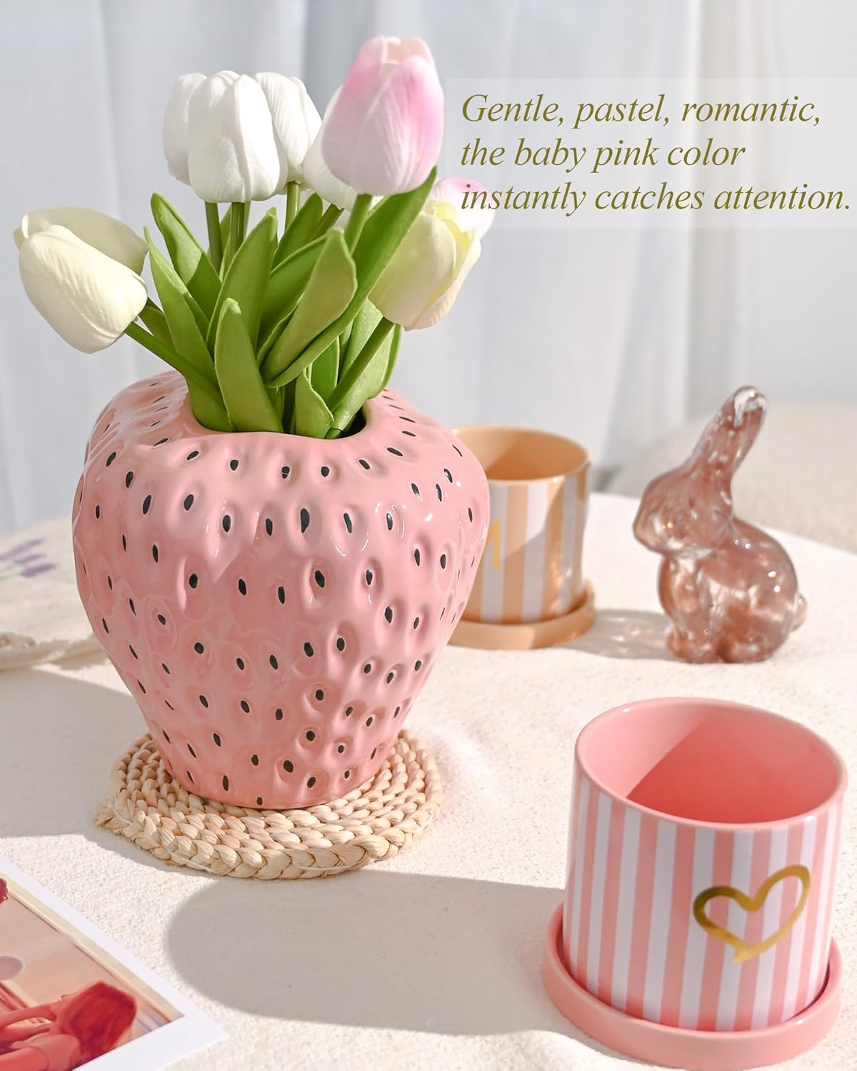 DN DECONATION Pink Strawberry Vase for Flower, Strawberry Shaped Planter Pot for Girls, Unique Ceramic Fruit Vases for Strawberry Party Kitchen Decorations, for Mom&Grandma