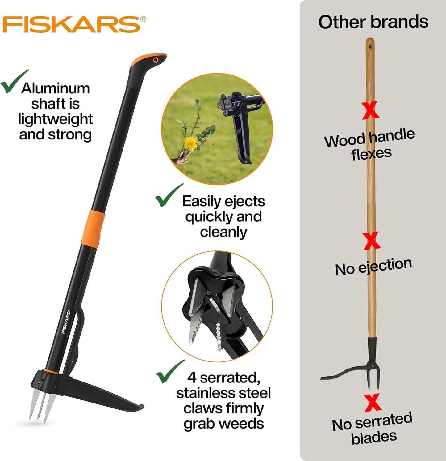 Fiskars 4-Claw Stand Up Weed Puller Tool, Gardening Hand Weeding Tool 