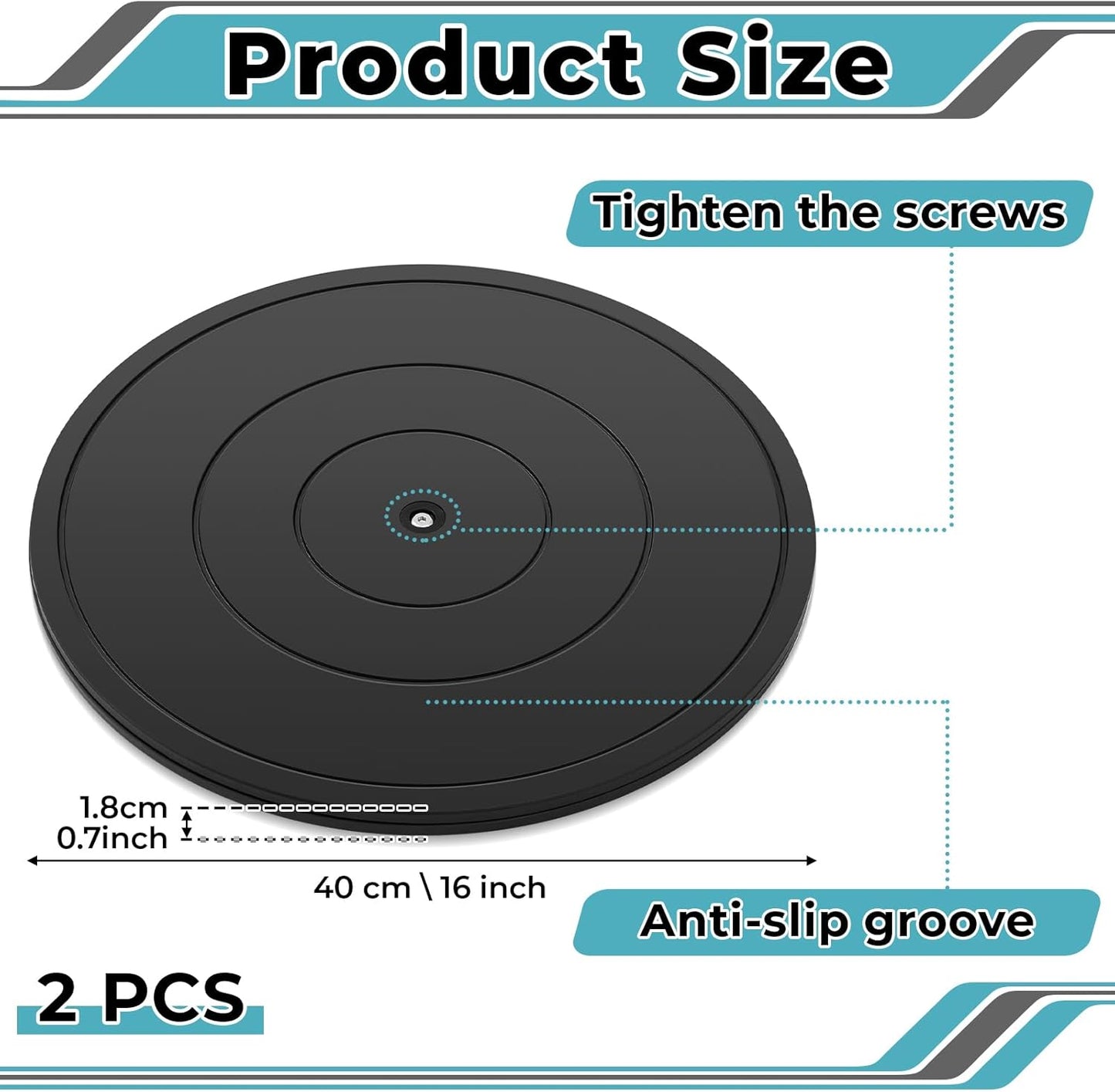 2 Pack 16 Inch Lazy Susan Turntable, 360 Degree Heavy Duty Rotating Swivel Stand with Steel Ball Bearings, Flat Base for Model Base, Rotating Plants, Crafts Stand, TV, Monitors