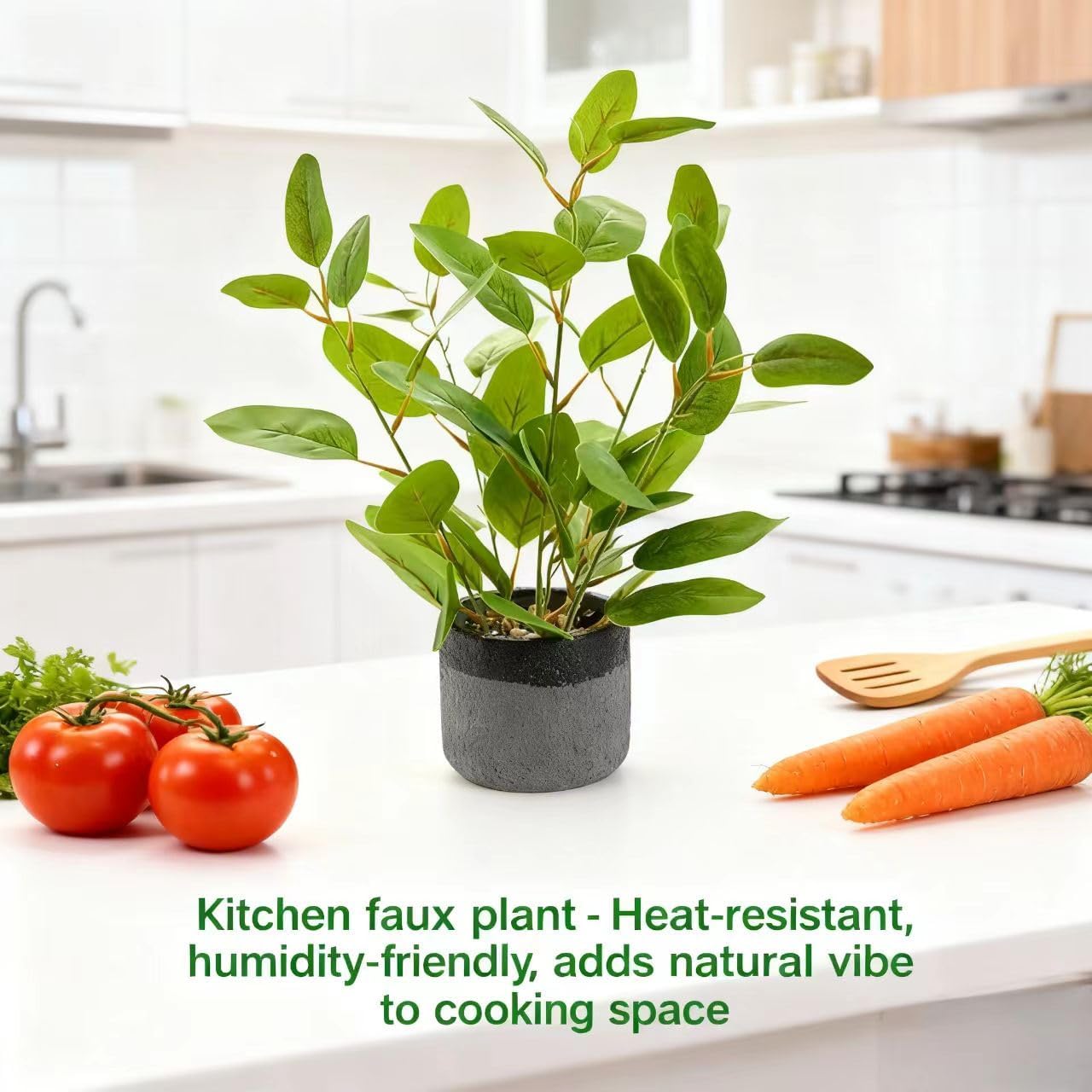 Fake Ficus Plants 14.5 Inches Tall Artificial Ficus Indoor Plants with Green Lifelike Leaves in Black Gray Pot for Home House Outdoor Decor Porch Pots Planter Decorations