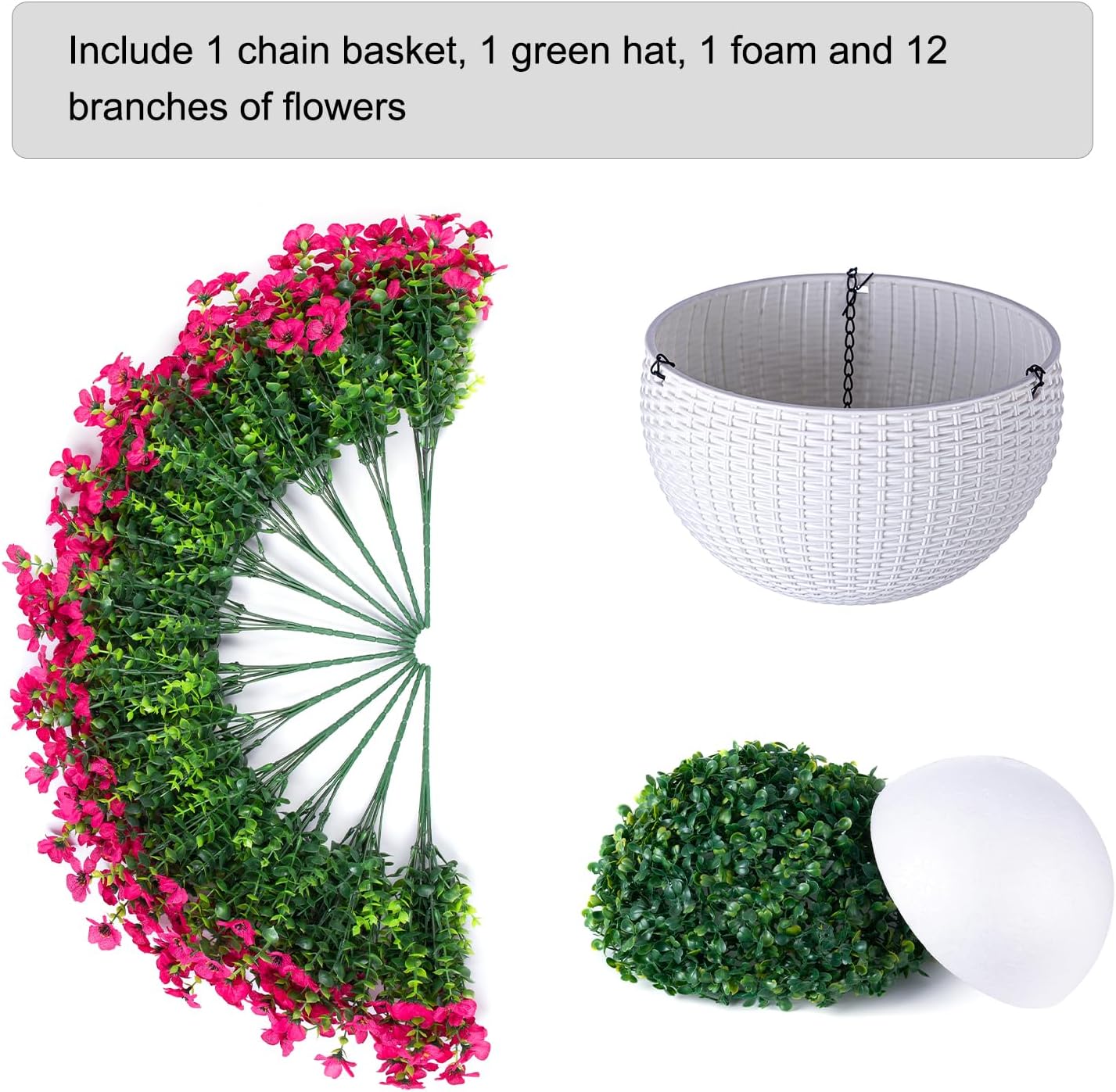 HyeFlora Artificial Faux Hanging Flowers Plants Basket for Outdoor Outside Porch Spring Decoration, Fake Silk Hotpink Daisy UV Resistant Look Real in Planter for Home Patio Balcony Garden