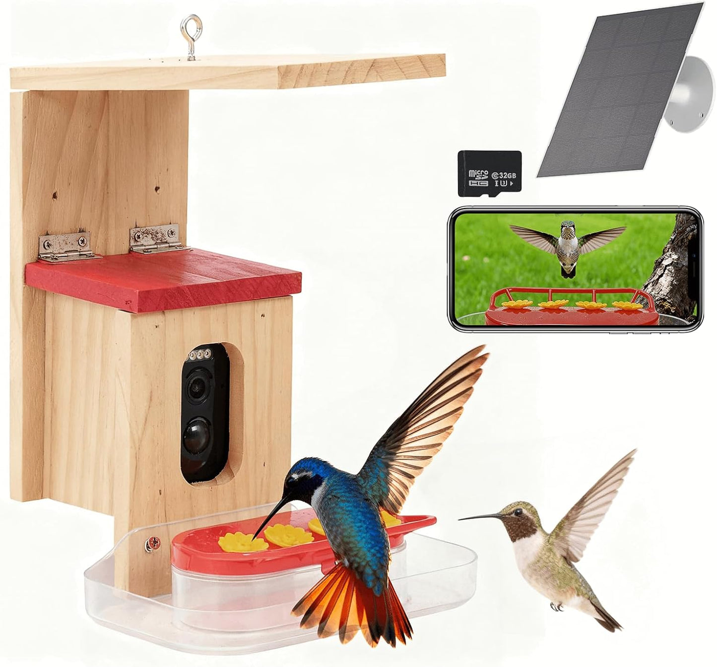 Hummingbird Feeder with Camera Solar Powered, Outdoor Hanging Wooden Smart Hummingbird Feeder, Real-Time View & Motion Detection, for Garden for 2.4g WiFi Coverage Area, for Bird Lovers