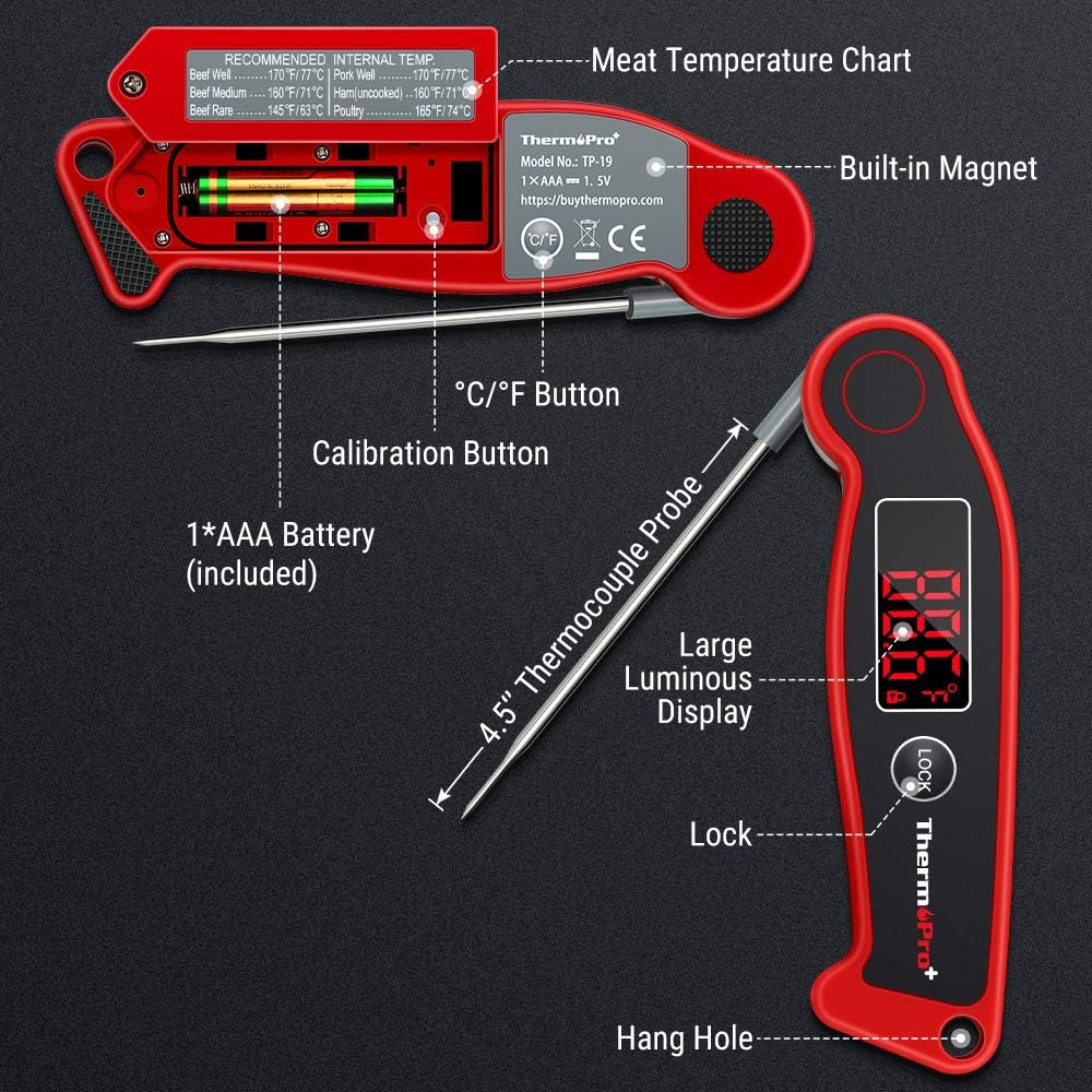 ThermoPro TP19 Waterproof Digital Meat Thermometer for Grilling with Ambidextrous Backlit & Thermocouple Instant Read Kitchen Cooking Food Thermometer for Candy Water Oil BBQ Smoker Fathers Day Gift