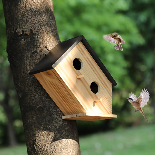 Bird House for Outside, Wooden Birdhouse for Outdoors Hanging - 2 Hole Wren House for Bluebirds Cardinals, Small Garden Bird House with Metal Hook