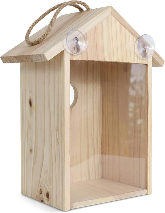 Clear View Window Bird House with Strong Suction Cups - Transparent Acrylic Back Wooden Birdhouse for Outdoor, Safe Nesting Box for Bluebirds, Finches, Chickadees, Educational Bird Watching Gift