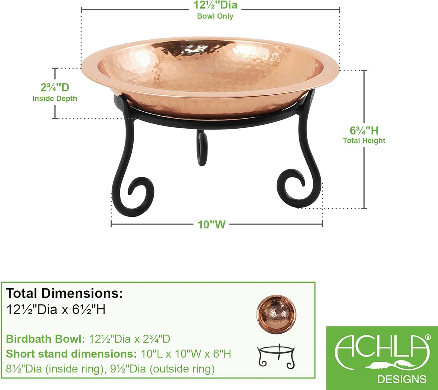 Achla Designs 201-7015 Hammered Short Stand Birdbath, Polished Copper Plated