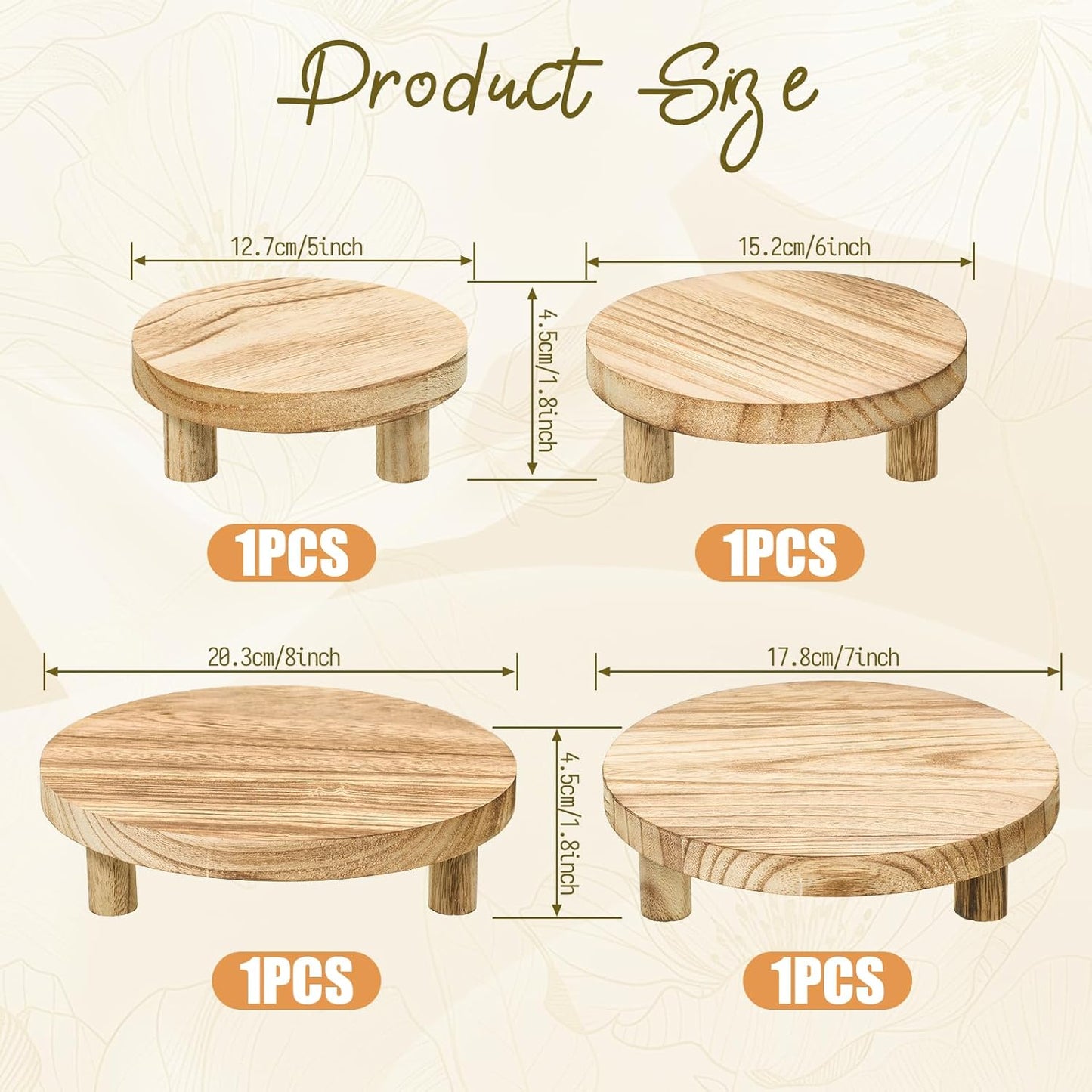 4 PCS Wooden Risers for Display, Wood Stool Round Pedestal Stand 8/7/6/5 Inch Mini Rustic Tiered Tray Riser Flower Pot Small Planter Holder for Home Kitchen Desktop Counter Room Patio Décor