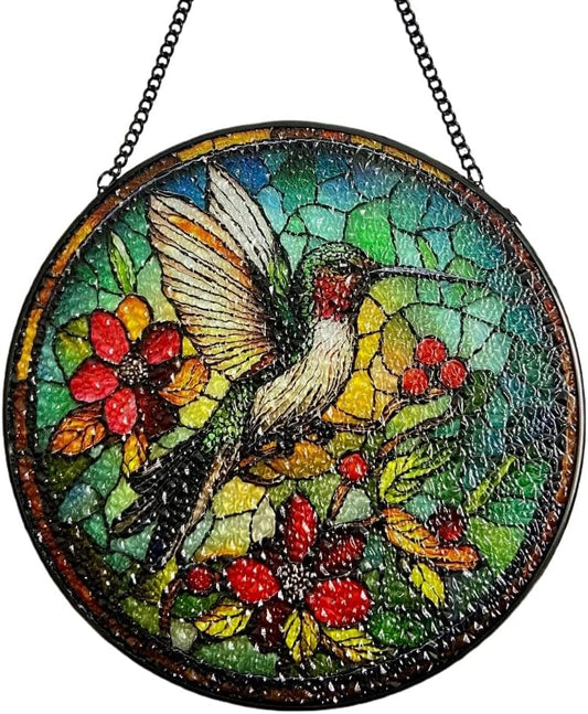 Stained Glass Hummingbird Suncatcher for Windows Hanging, 7.87x7.87 Inches Handmade Window Decor, Gift for Bird Lovers Women - Mom, Grandma, Aunt for Birthday Valentine's Day Mother's Day