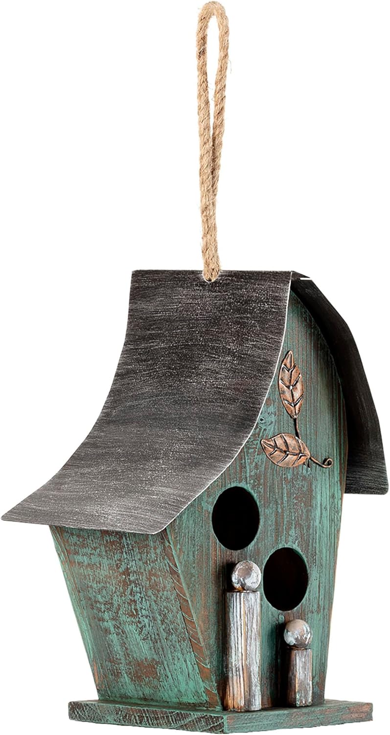 Alpine Corporation 12" Tall Outdoor Hanging Wooden Birdhouse, Turquoise