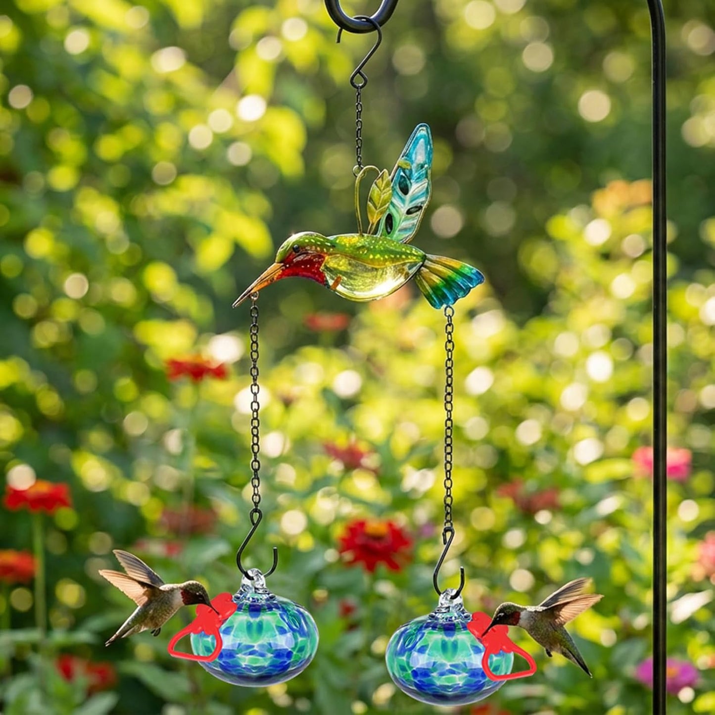 Hand Blown Glass Hummingbird Feeder–Unique Hummingbird Feeders for Outdoors Hanging with Hummingbird Orament and Upgraded Sturdy Iron Chains,Hand-Painted Art for Garden Yard Decor(Red)