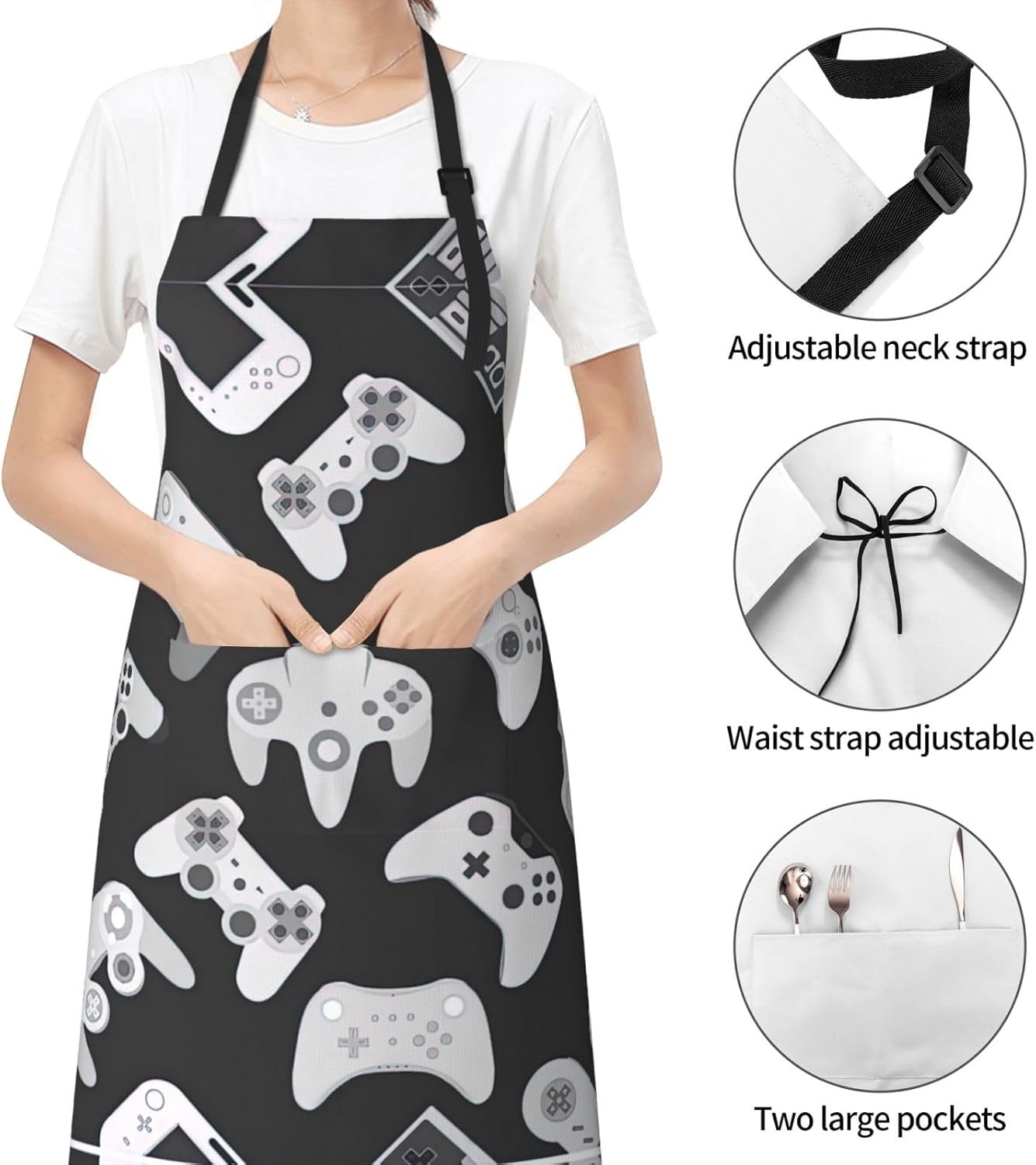 Game Controller Print 28x33 In Adult Kitchen Apron with Pockets Versatile Chef Smock for Cooking Baking