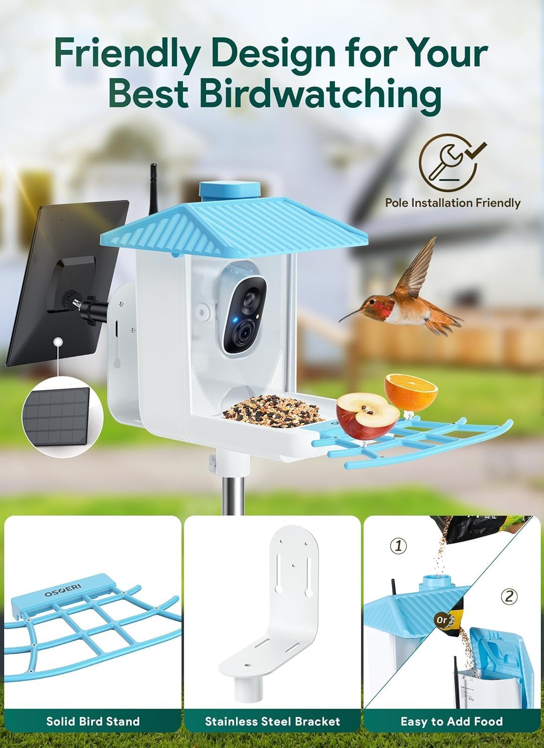 Osoeri Bird Feeder with Camera - Solar Smart Bird Feeder with AI Identify, 1080P HD Auto Capture Birds Video, Real-Time Alerts, Gifts for Family and Friends, 2.4GHz WiFi