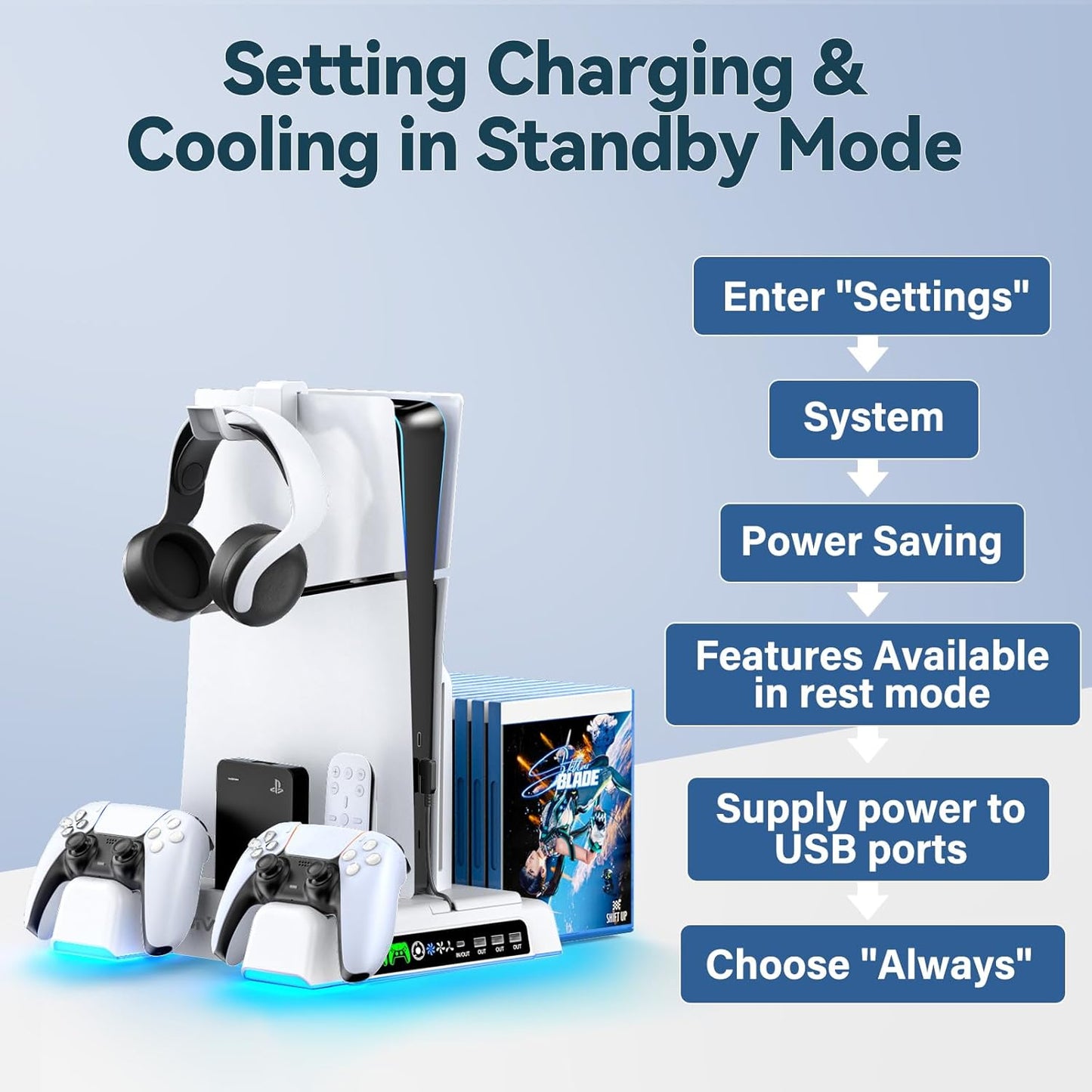 PS5/Slim/Pro Stand and Cooling Station with LED Controller Charging St