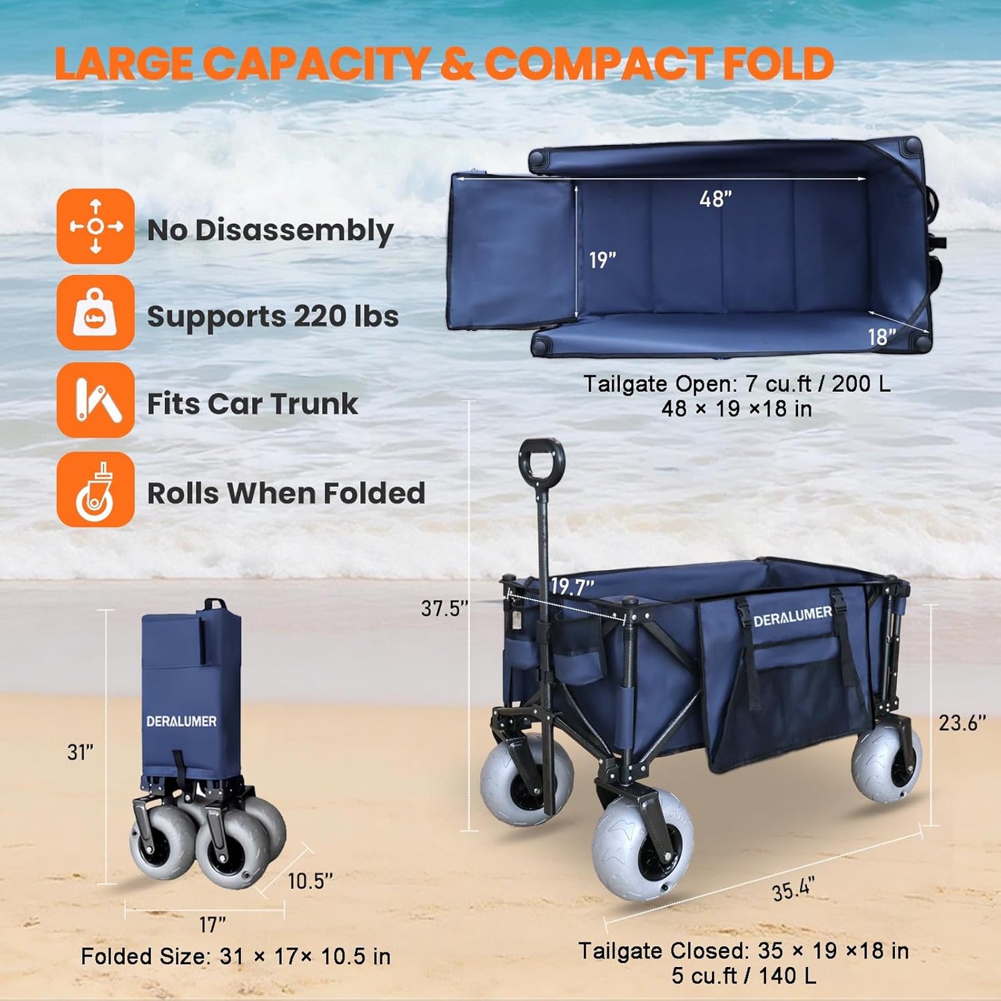 X900 Beach Wagon with 9×4" Big Balloon Wheels for Sand, 48" Heavy Duty Folding Wagon with Expandable Tailgate & Side Bag, Collapsible Utility Cart for Beach, Camping, Fishing (Navy Blue)