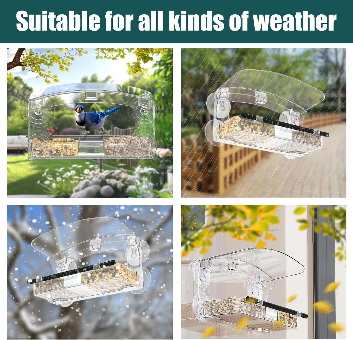 Window Bird Feeder 2 Pack with Strong Suction Cups, Clear for Viewing, Bird Feeders for Outdoors with Drain Holes