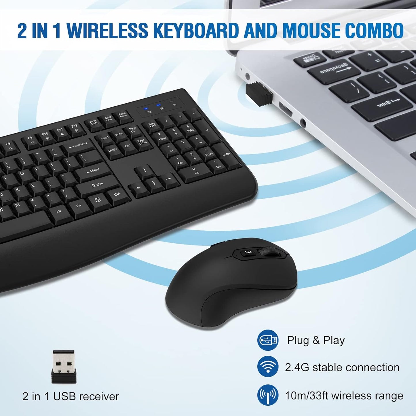 Wireless Keyboard and Mouse Combo, Full-Sized 2.4GHz Wireless Keyboard
