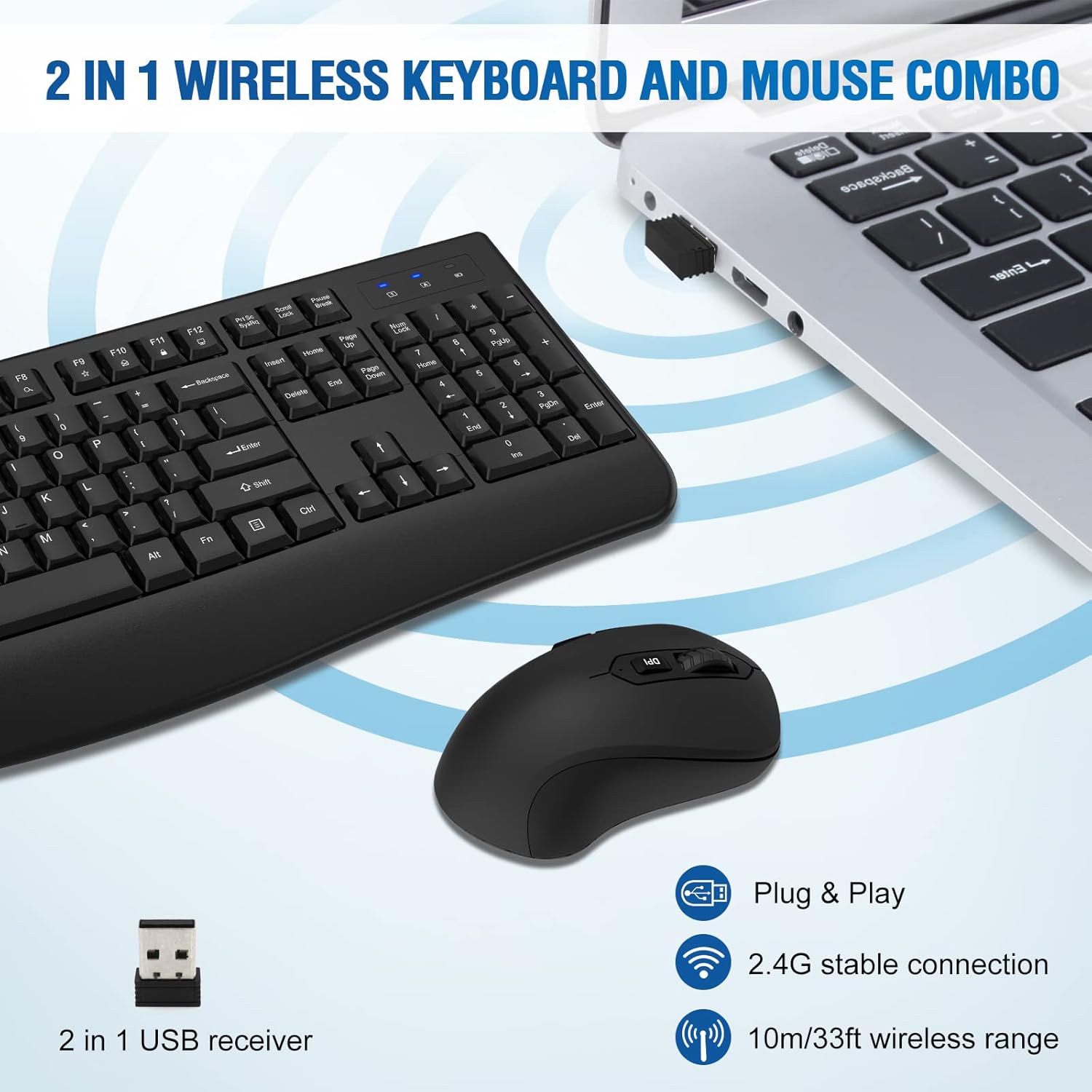 Wireless Keyboard and Mouse Combo, Full-Sized 2.4GHz Wireless Keyboard