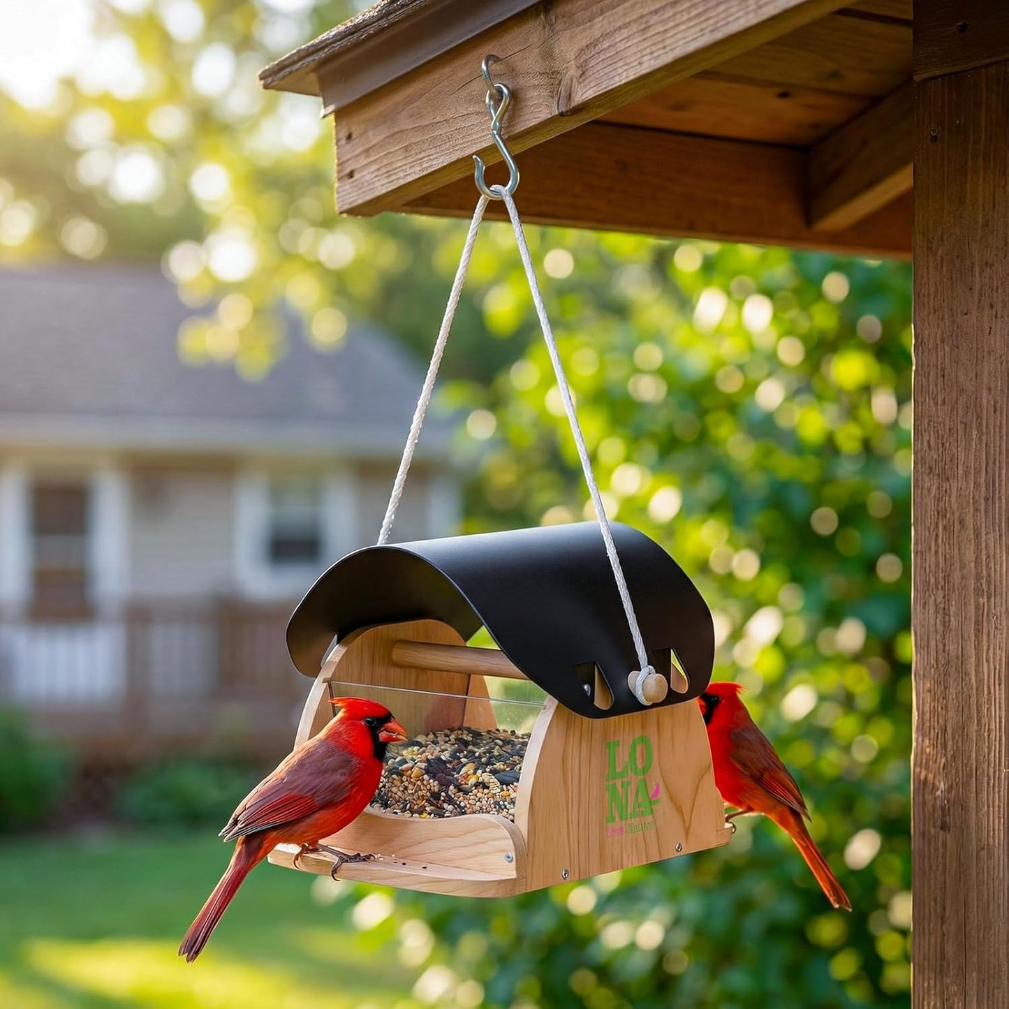 LONA Wooden Bird Feeder for Outdoors Hanging, Large Capacity Hopper with Weatherproof Roof Birdfeeder for Feeding Outside Garden Wild Birds Cardinals Finches Robin Sparrow Blue Jay Chickadees