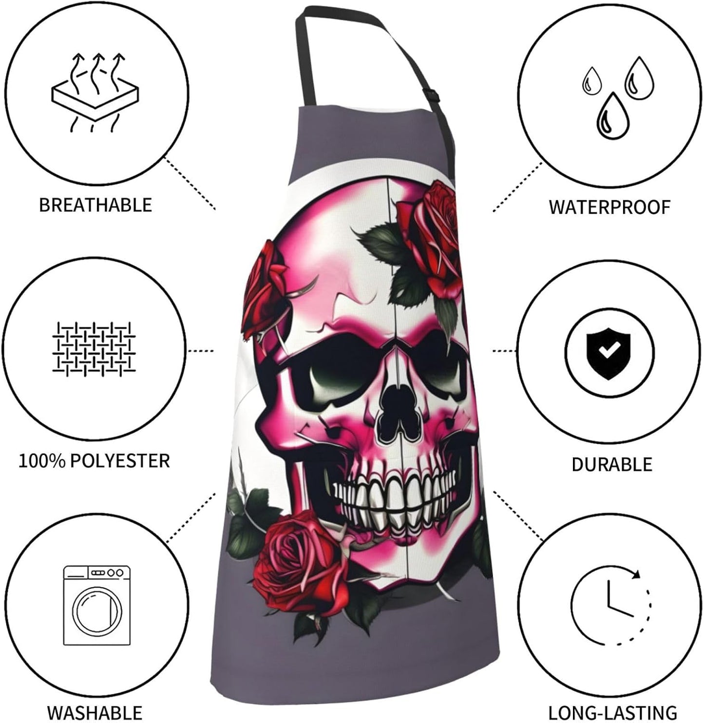 Rose Skull Print 28x33 In Adult Kitchen Apron with Pockets Versatile C
