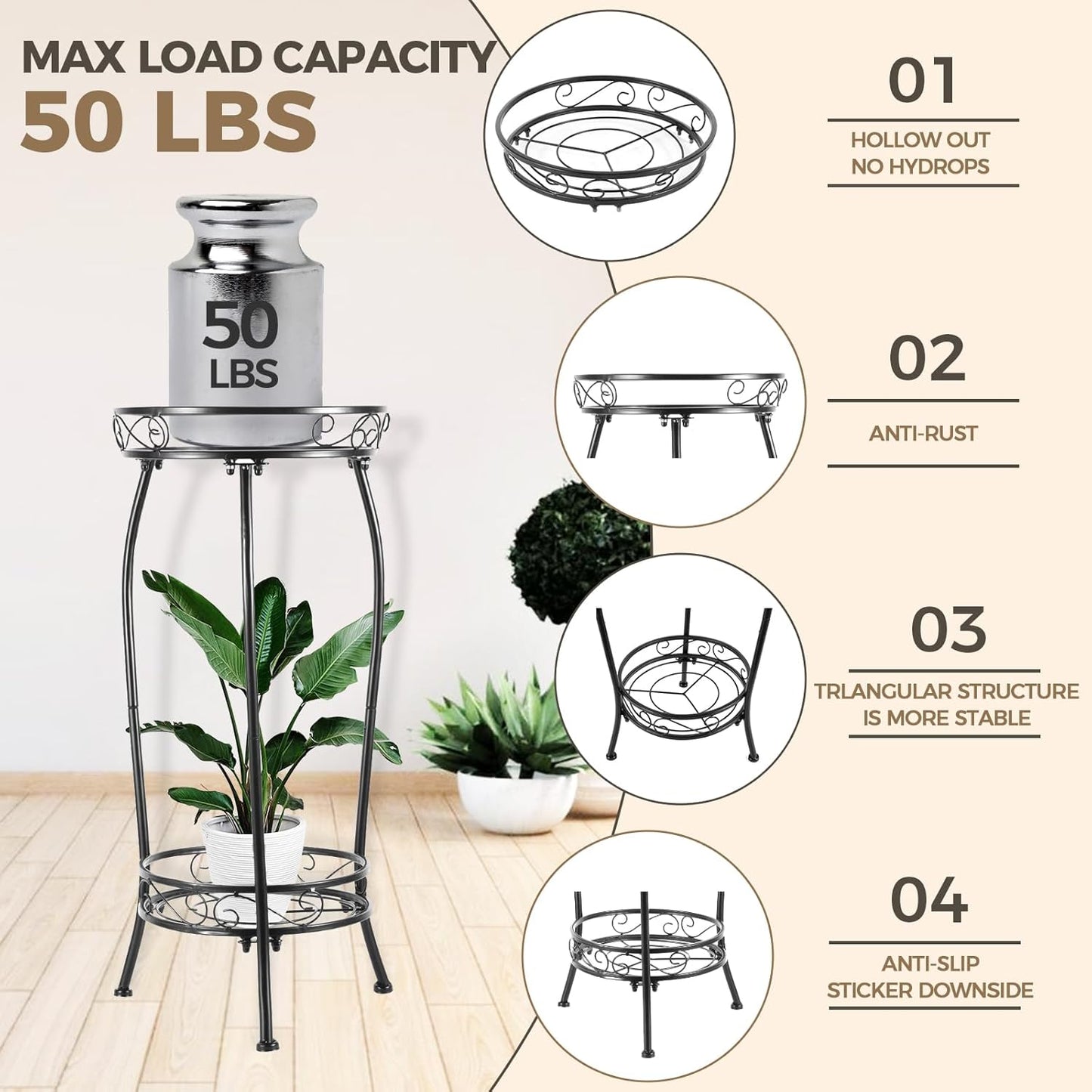 Plant Stand Indoor Outdoor，Tall Black Metal Rustproof Stable Plant Sta