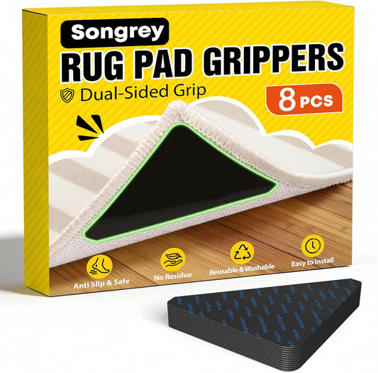 Songrey Rug Tape Rug Corner Grippers 8PCS, Reusable Double-Sided Carpe