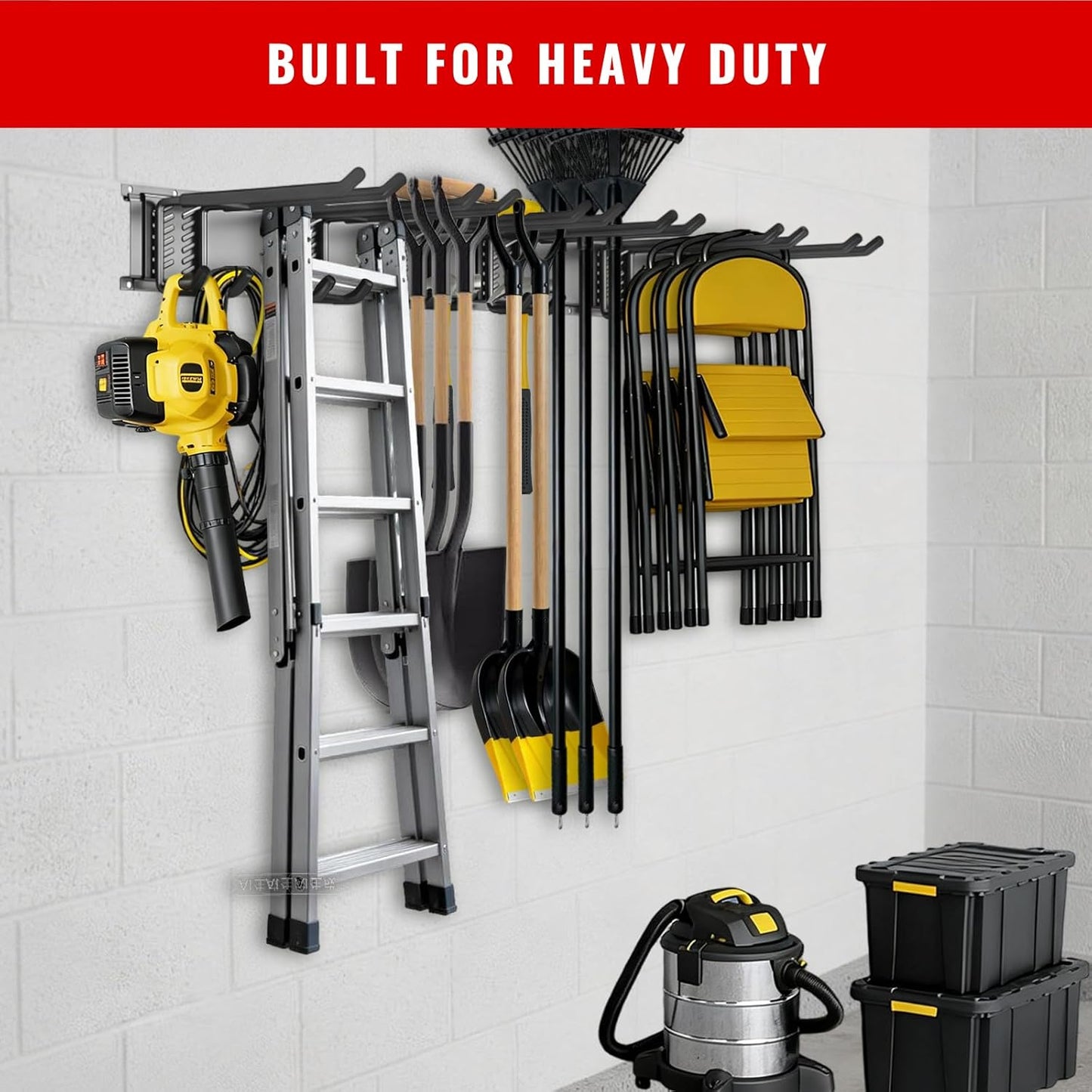 Garage Tool Organizer Wall Mount, Easy to 48inch Install Heavy-Duty Garage Storage System with 6 Adjustable Double Layer Hooks, Garden Tool Rack for Shovels, Rakes, Yard Tools