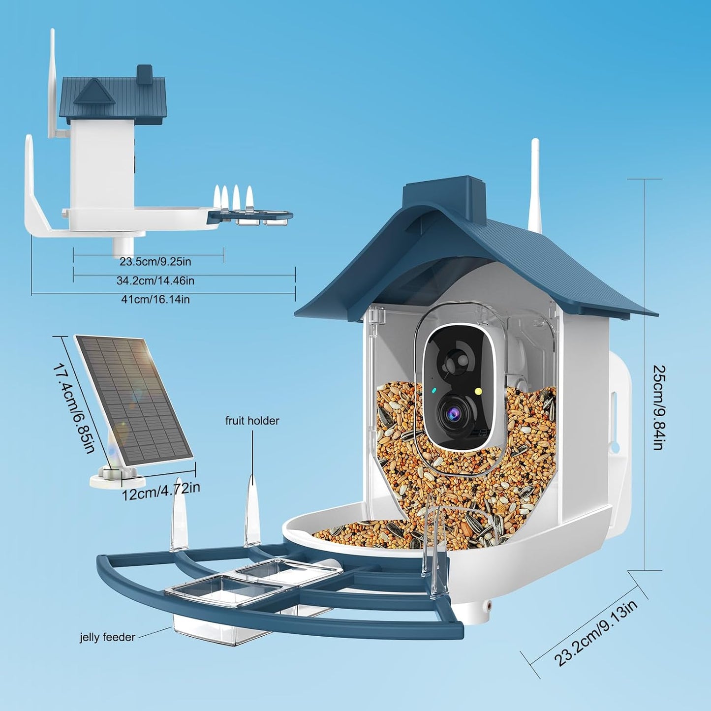 Bird Feeder with Camera,Smart Bird Feeder Camera with AI Identify Instant Notifications,FHD Live View,Birds Watching Camera with Solar Panel in Backyard,Ideal Gift for Family and Birds Lover,Navy Blue