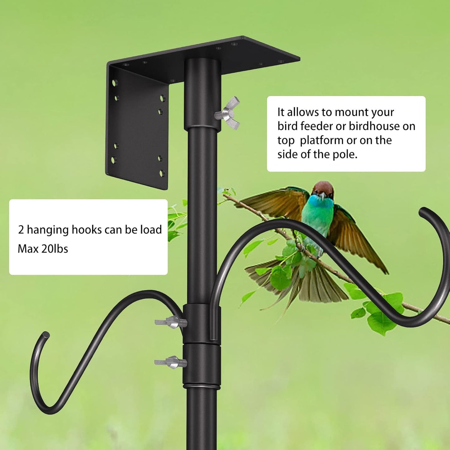Bird House Pole Kit 80inch - Universal Metal Bird Feeders Pole Mount Set with 5-Prongs Base and 2 Hanging Arms, Feeding Station for Watching, Plant Hanger