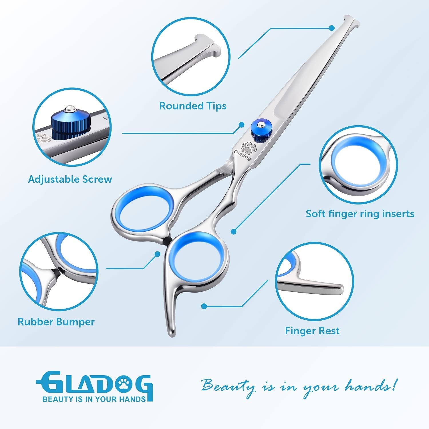 GLADOG Professional 5 in 1 Dog Grooming Scissors Set with Safety Round