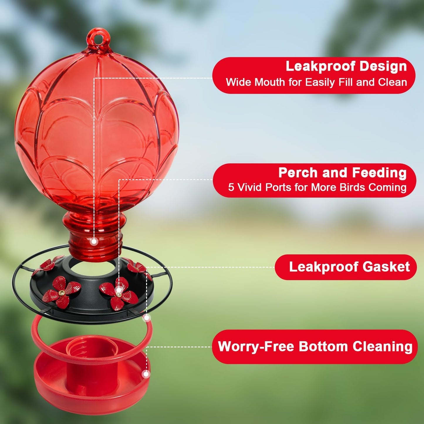 26 OZ Glass Hummingbird Feeder for Outdoors Hanging - Hand-Blown Hot Air Balloon Design - Leak-Proof & Ant Moat - Garden Decor Gift for Mom, Red
